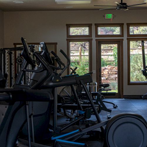 The image shows a gym room with exercise bikes, ellipticals, a rowing machine, and large windows looking out to a garden area.