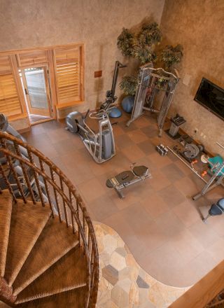 The image shows a home gym with exercise equipment, a spiral staircase, potted plants, and a wall-mounted TV in a warmly lit room.