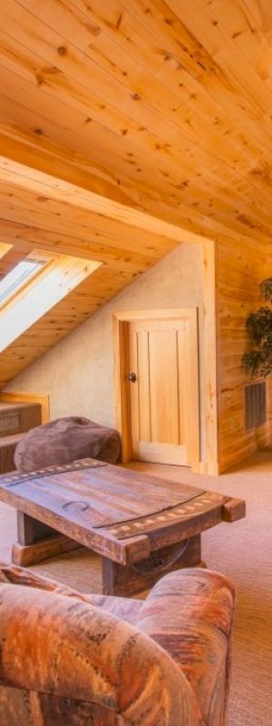 A cozy room with wooden walls, large skylights, plush chairs, a table, and a TV, creating a warm and inviting atmosphere.