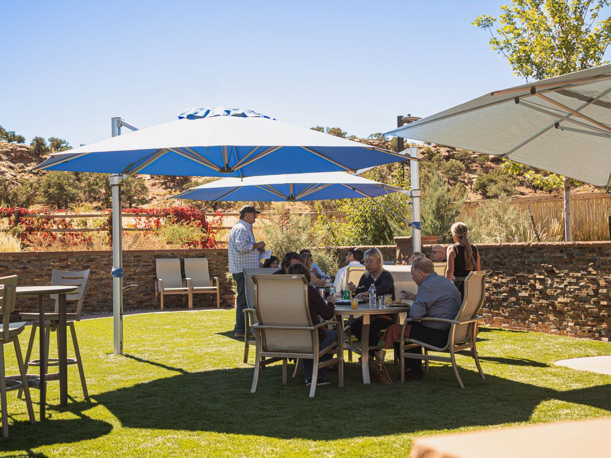 People are gathered outdoors under large umbrellas, sitting at tables and enjoying a sunny day on the grass, with a scenic background.